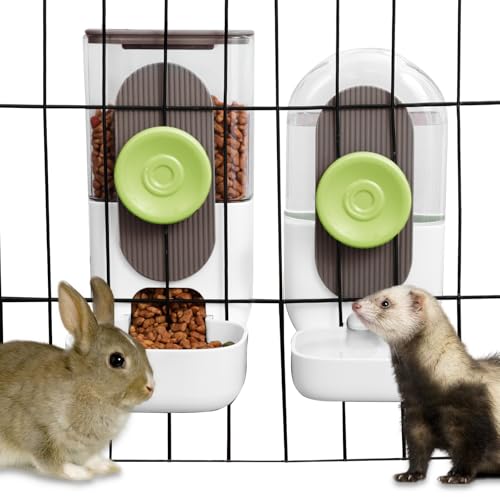 Lemtrflo Rabbit Feeder, Bunny Water Bottle Dispenser, Pet Cage Food Bowl | Suitable for Rabbits, Guinea Pigs, Ferrets, Cat and Other Small Pets - color: White Brown