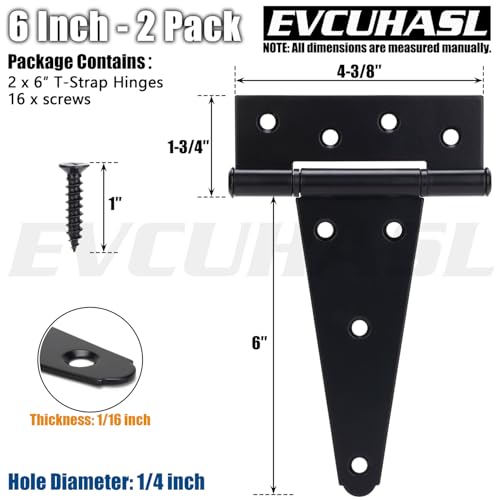 6 Inch T-Strap Gate Hinges, Shed Barn Door Hinges Heavy Duty, Black Tee Hinges for Wooden Fences, Yard Gate, Wrought Hardware Iron Rustproof (2 Pack/Set) - size: 6 Inch