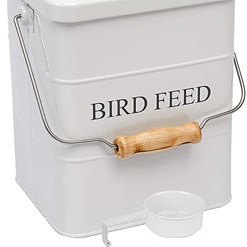 DEAYOU Pet Food Storage Tin with Lid, Metal Bird Seed and Feed Container with Serving Scoop, Treats Storage Canister Bin Can for Dogs, Cats Food, Coated Carbon Steel, Tight Fitting Lid, White, 5-6 Lbs