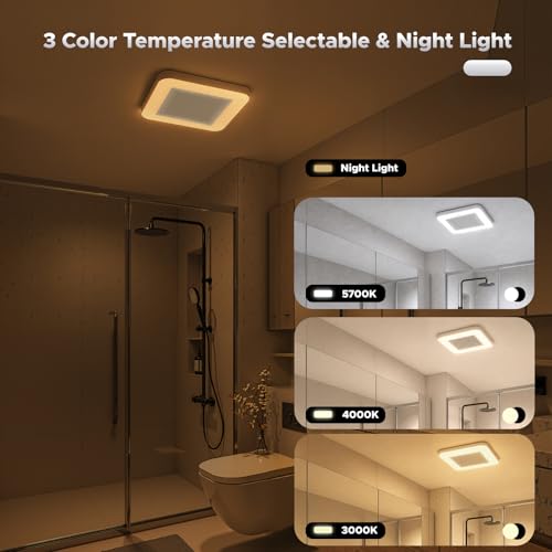 AUPU Bathroom Exhaust Fan with 3CCT LED Light&Humidity Sensor,HVI&Energy Star Bathroom Fan, 50-80-110 CFM Household Extractor Fan,Retractable Bracket Ventilation Fan,4''Duct,Ceiling Mounted,0.8 Sone - size: 3 CCT Light