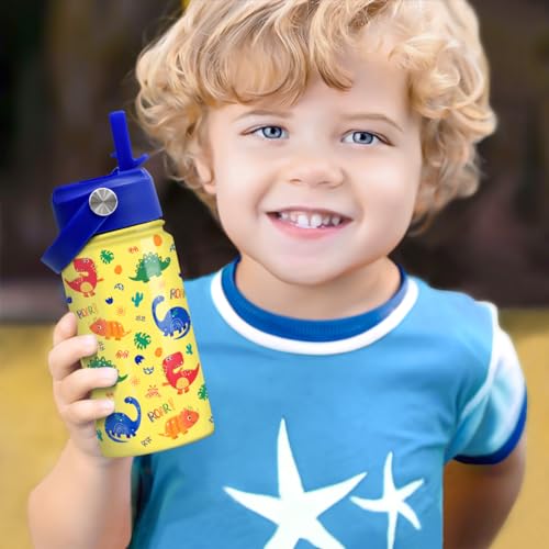 Dinosaur Kids Water Bottle - 12 Oz Insulated Stainless Steel - Straw Lid for Toddlers & Kids - School & Sports Travel Cup - color: Dinosaur 2