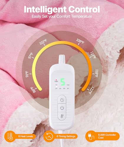 SIHOHAN Heated Throw Blanket with Foot Pockets for Women | Flannel & Sherpa, 8 Heat Levels & Timer, Portable for Home Office Travel, Machine Washable, Pink - size: 50*70 Pink