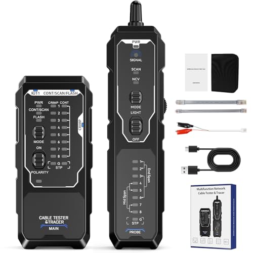 Network Cable Tester, RJ45 RJ11 Wire Tracer & Ethernet Tester, CAT5 CAT6 CAT6a CAT7 UTP STP, PoE NCV Crimp Test, 9-Wire Shield, Polarity, Line Finder for LAN Cable Maintenance