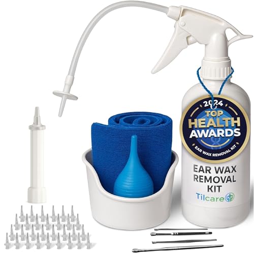 Ear Wax Removal Tool by Tilcare - Ear Irrigation Flushing System for Adults & Kids - Perfect Ear Cleaning Kit - Includes Basin, Syringe, Curette Kit, Towel and 30 Disposable Tips | Water Flush- Based Ear Cleaning Kit for Adults, Teens and Children | Inclu