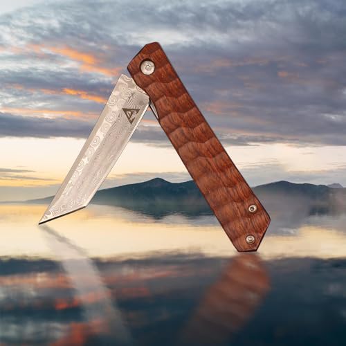 allvin R8406 Damascus Flipper Knife VG10 Damascus Steel Tanto Point Blade Rosewood with Steel Sheet Handle Outdoor Fishing EDC Pocket Knives