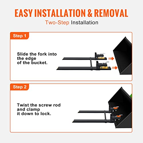 VEVOR Pallet Forks, 60" Total Length, 4000 lbs Clamp-On | Heavy Duty, Adjustable Stabilizer Bar, For Loader Bucket Skid Steer Tractor - size: 60 Inch