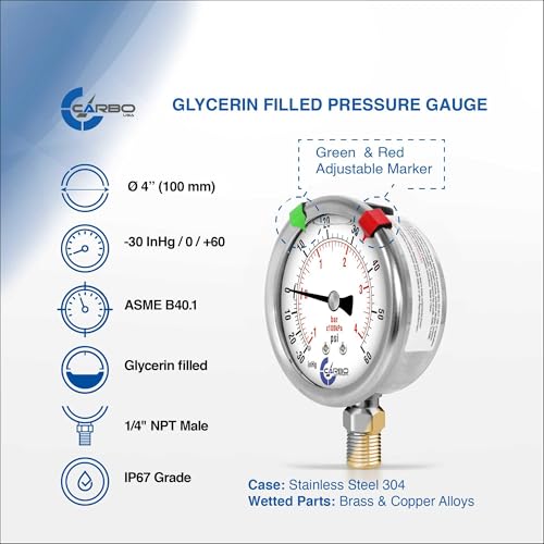 Compound Pressure Gauge -30 inHg to 60 PSI, Liquid Filled, 4" Dial, 1/4 NPT Lower Mount, 304 Stainless Steel Case, Brass Parts, PSI/inHg - ASME B40.1 Grade A - size: -30inHg / 0 / +60Psi, style: STANDARD