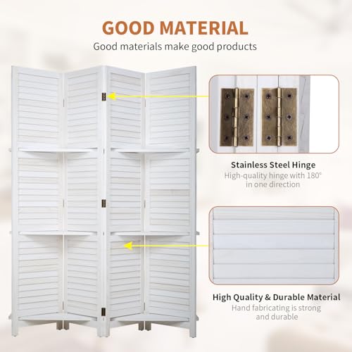 Room Divider 4 Panel Folding Wood 5.6 Ft Tall Privacy Screen Dividers Wall with Three Shelves Portable Partition (White) - color: White
