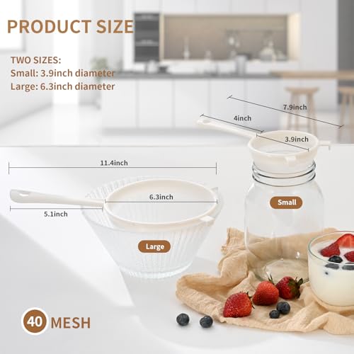 Luckyiren Kefir Strainer Set, 2-Size Plastic Non-Metal Sieve with Fine Mesh | 6.3" & 3.9" Diameter Double-size for Kefir Grains, Milk Kefir, Water Kefir & Kombucha - Durable, Food Grade & Easy Clean - color: White