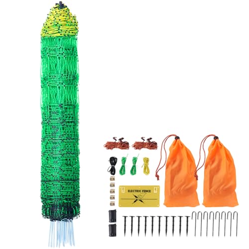 VEVOR Electric Fence Netting 42" H X 164' L PE Net Fencing | Utility Portable Mesh for Goats, Sheep, Lambs, Deer, Hogs, Dogs, for Farms and Ranches, with Posts and Double-Spiked Stakes - size: 42"H x 164'L, style: Livestock