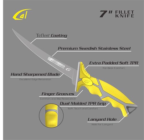 danco 7-Inch Karl Flex Fillet Knife with Swedish Steel Blade and Sheath | 7-Inch Karl Flex Fillet Knife, Swedish Stainless Steel Blade, Non-Stick Coating, TPR Grip, Finger Guards, Fresh/Saltwater - size: 7"