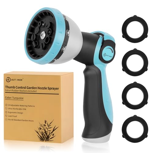 AUTOMAN Garden Hose Nozzle Sprayer - 10 Spray Patterns, High Pressure, Thumb Control On Off Valve, Metal Duty Water Nozzle, Extra 3 Washers, for Watering Garden, Cleaning, Washing Car, Showering Pets - color: Turquoise