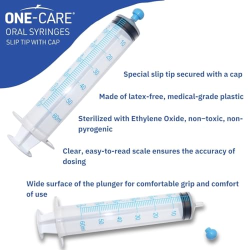 ONE-CARE 60ml Oral Syringe w/Cap, Slip Tip Liquid Dispensers, 25/Box | Precise Dosing, Infants-Oral Feed, Accurate Graduation, Individually Wrapped, Food-Grade Plastic, Adult & Pet - size: 60ml