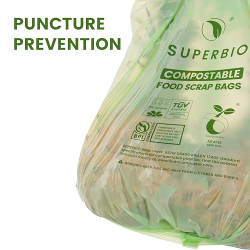 SUPERBIO 2.6 Gallon Compostable Bags with Handles, 100 Count,1 Pack, Food Scrap Bags Certified by BPI and OK compost INDUSTRIAL, 9.84L | Food Scrap Bags, Certified by BPI and OK compost HOME, 9.84L - color: 2.6 Gallon with Handles, 100 Count