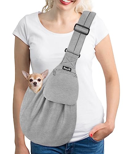 SlowTon Dog Carrier Sling - Thick Padded Shoulder Strap Adjustable, Cloud S | Dog Carriers for Small Dogs, Puppy Carrier Purse for Pet Cat with Front Zipper Pocket Safety Belt Machine Washable - color: D-Light Grey Knitted Fabric
