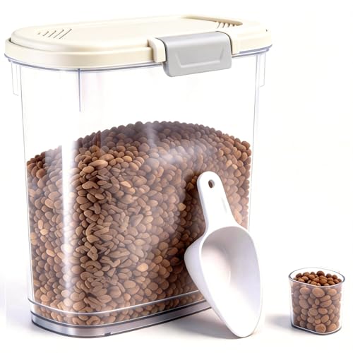Airtight Dog Cat Pet Food Storage Container 10 Lbs, Slim Tall Dry Food Bin | Clear Plastic Pet Food Treat Container with Lid, Scoop and Cup, Food Storage Bin for Dogs, Cats, Bird Seeds, Kibble, Pellets - color: Cream White