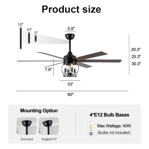 60" Farmhouse Ceiling Fan with Lights Remote Rustic Ceiling Fan | Industrial Black Caged Fandelier Large Moden Chandelier for Living Room Bedroom, 3 Downrods 6 Dual Blades 4 E12 Bulb Bases - color: Caged, size: 60 Inch
