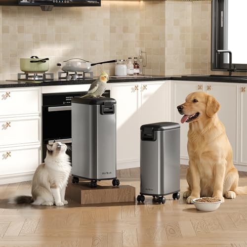 MRBIN Pet Food Storage Bin, Dog Food Bin 12L with Scoop Airtight Pet Food Container Stainless Steel with Wheels, Eclipse Grey