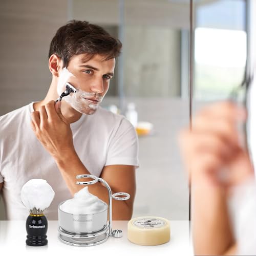 Badger Hair Shaving Brush With Wood Handle, Goat Milk Shaving Soap, Dual-ring Base Stainless Steel Shaving Stand Holder and 3 Layers Shaving Bowl for Men's Wet Shaving (Black With Badger Hair) - color: Black With Badger Hair