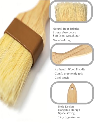 Pastry Basting Brush - Food Brushes, Non-Shedding Natural Boar Bristle, Heat Resistant Wooden Handle, Durable Kitchen Tool for Baking, Cooking, Butter, Egg Wash, Glazing, Oil, Sauce (1" & 1", 2 pc)