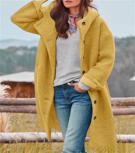 chouyatou Women's Winter Single Breasted Long Wool Coat with Hood Casual Wool Blend Trench Coat Jacket - color: Yellow, size: X-Large