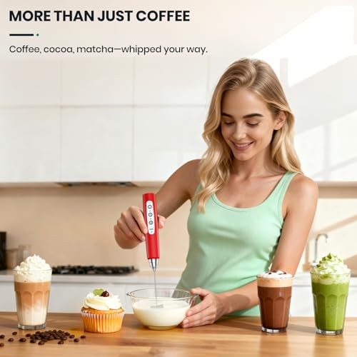 Colarlemo Milk Frother Handheld Rechargeable with Stand, Frother Wand Drink Mixer Electric Whisk for Coffee, Detachable With 3 Stainless Whisks, Hand Mixer for Lattes, Cappuccino, Matcha, Egg, Red - color: Red, style: with stand