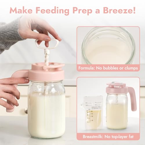 Papablic 32oz Wide Mouth Mason Jar Pour Spout Lid with Mixing Handle & Flip Locking Spout for Mixing Formula/Breastmilk/Protein Powder/Coffee, Pink - color: Pink Lid
