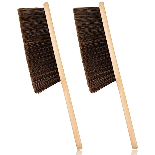 2 Pieces Woooden Dust Brush Hand Broom Bench Brush with Long Wood Handle Whisk Broom Soft Bristle Brush for Counter Bed Sofa Car Fireplace Clothes Household Cleaning - color: Brown