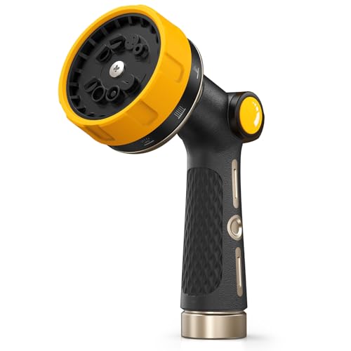 RAINPOINT Garden Hose Nozzle - 100% Heavy Duty Metal Thumb Control Spray Nozzles for Garden Hose High Pressure, 10 Pattern Water Hose Nozzle for Car Wash, Watering Lawn, Pets, Bright Yellow - color: Bright Yellow