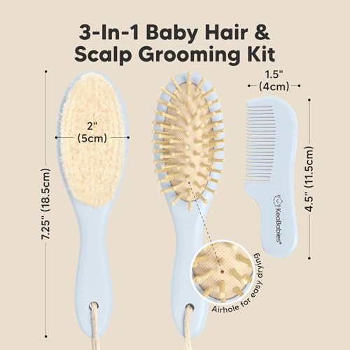 Wooden Baby Hair Brush Set for Newborns, Toddler Comb (Frost, Regular) | Soft Goat Bristle, Baby Brush and Comb Set, Infant Grooming Kit, Cradle Cap Care, Durable & Gentle, Boy, Girl Bath Essential - color: Frost, size: Oval, Regular 7"