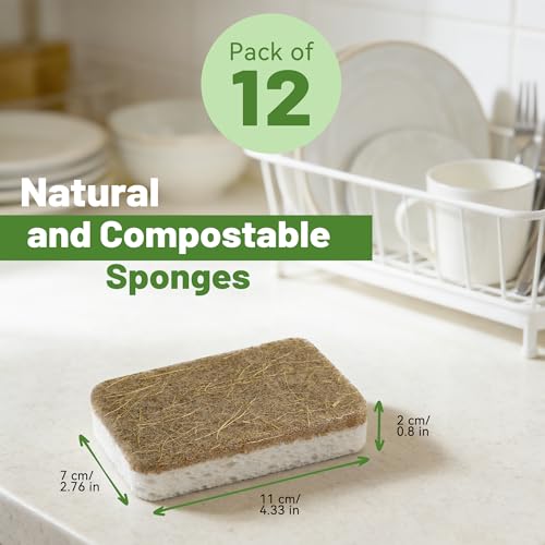 12 Count Plant-Based Kitchen Sponges, Natural Sponge for Non Stick Cookware | Compostable Cellulose, Biodegradable Sponges for Dishes, Non-Scratch Cleaning, Kitchen, Bathroom, Household