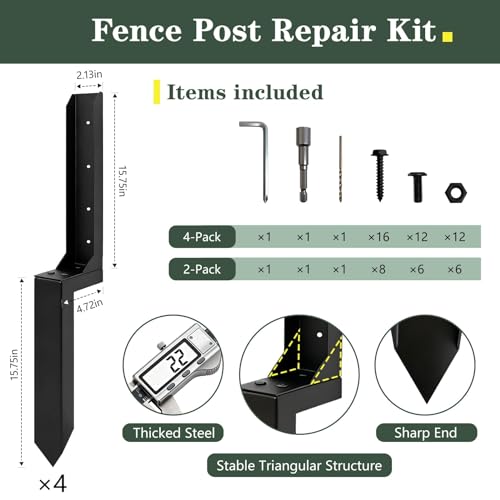4 Pack Fence Post Repair Kit, Thickened Fence Post Anchor Ground Stakes | 31.5 Inches, Post Supports for 4x4 Ground, Fence Support Brackets, for Broken/Leaning/Tilted Wooden Fence