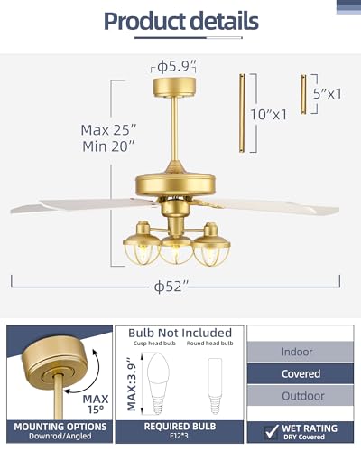 YOUKAIN 52-Inch Farmhouse Ceiling Fan with 3 Lights & Remote, Gold/Wood | 5 reversible blades, industrial-inspired gold and wood finish for indoor/outdoor use and covered patios