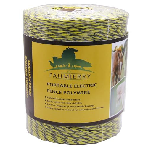 Portable Electric Fence Poly Wire 1312 Feet 400 Meters, 6 Stainless Steel Conductors for Reliable Conductivity, UV Treatment, Rust Resistance - Yellow & Black - size: 1312ft