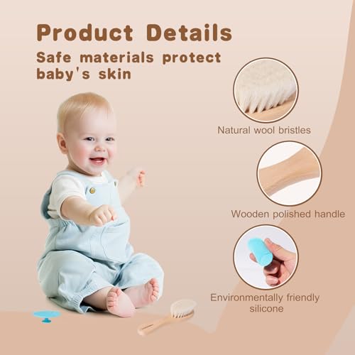 SAMEBUTECO Baby Hair Brush Set,3 in1 Kit,1 Pack Goat Hair Bristles Brush 2 Pieces Silicone Cradle Cap Brushes Wood Handle Newborn Brush for Newborns and Toddlers