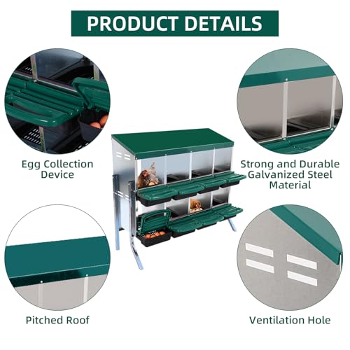 Chicken Nesting Box 8-Compartment – Roll Away Laying Boxes for Hens with Lid Cover & Egg Protection – Heavy Duty Red Poultry Nest Box - color: Green, size: 47.2"L x 17.7"W x 35.4"H
