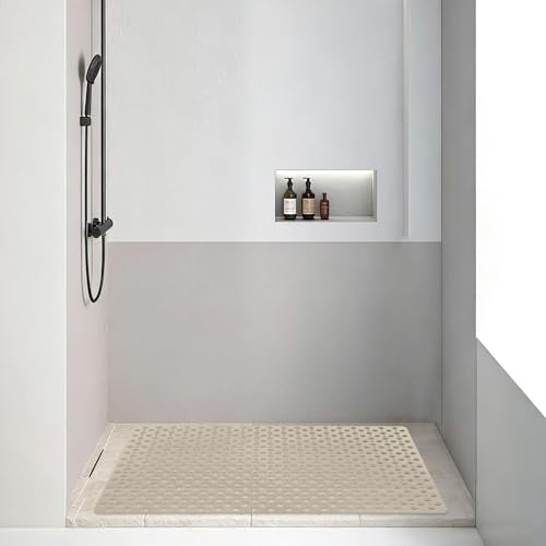 Square Shower Mat Non Slip, 27" x 27" Large Shower Mats for Inside Shower, Soft TPE Shower Floor Mat with Suction Cups and Big Drain Holes, Anti Slip Shower Stall Matt, Khaki - color: Khaki
