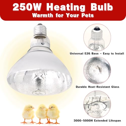 250W Heat Lamp Bulbs for Chicks Infrared Heat Lamp for Chicks （2 Packs） | 250W Infrared Heating Lamp，Even heat distribution，High-Quality Material, Heat-resistant and Distortion-free