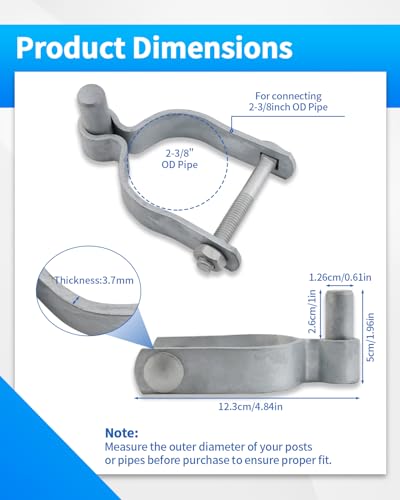 2-3/8" Chain Link Fence Frame Gate Post Male Hinge, Galvanized Steel Gate Hinges for 2-3/8" Outside Diameter Post/Pipe, Chain Link Fence Parts with Bolts and Nuts