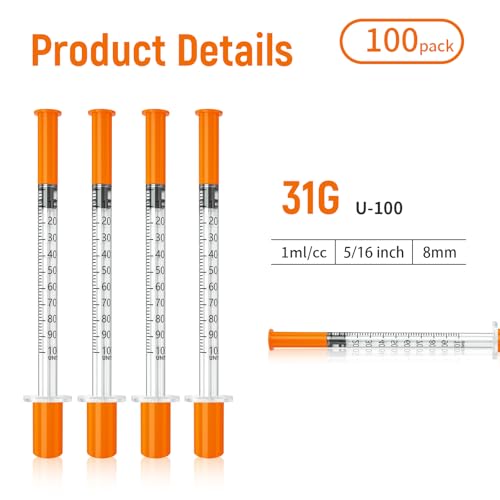 U-100 Syringes, 1ml syringe, 31g 5/16 1cc syringe with needle, lab syringes, Pack of 100 - size: 1ml-31G 5/16", style: 100 Pack