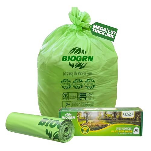 50-55 Gallon Compostable Trash Bags, 12 Count, 1.57 Mil Heavy Duty Flat Top Large Trash Bags for Lawn, Leaf, Yard Waste & Outdoor Garden Cleanup, ASTM D6400 BPI & OK Compost HOME Certified - color: 55 Gallon Flat Top, 12 Count