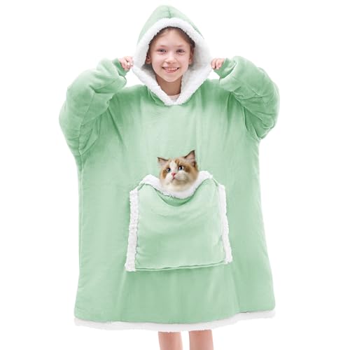 JOYWOO Green Kids Wearable Blanket Hoodie,Oversized Cat lovers Hoodie Blanket for kids & Teens,Birthday Gifts for Girl Boys,Warm Cozy Fuzzy Sherpa Fleece Blanket Giant Pocket Winter Gifts,Sage green - color: Light Green, size: Kids