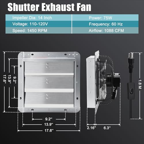 Criditpid 14 Inch Shutter Exhaust Fan, 1088 CFM Wall Mounted Attic Fan, Greenhouse Fan with Speed Controller and Thermostat for Garages, Warehouse, Shed, Basement, Chicken Coops Ventilation, 1450 RPM - size: 14 Inch Shutter Exhaust Fan