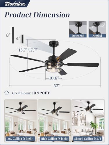 Fanbulous 52" Farmhouse Ceiling Fan with Light & Remote App, Rain Glass | Quiet DC Motor, 6-Speed Reversible, Downrod Mount, Double-Sided Blades, Black & Wood for Bedroom, Living Room - color: Black