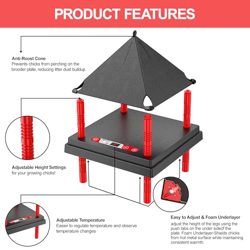 Chick Brooder Heating Plate with Anti Stand Cone, 10"x10" Temp Adjust Black | Adjustable Height Brooder Heater for Chicks, Downward Heat Distribution for Outdoor Barns & Coops - size: 10.0"L x 10.0"W x 9.0"H