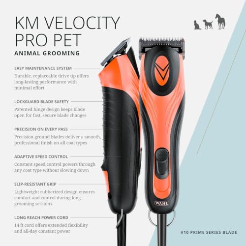 Wahl Pro Animal KM Velocity Corded Clipper, No-Slip Grip, Detachable Blades | Corded Clipper for Dogs, Cats, and Horses, LOCKGUARD Technology, No-Slip Grip for All-Day Comfort, Includes Detachable Blades