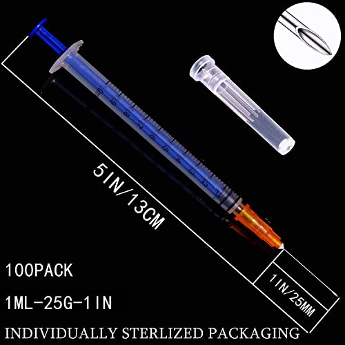 100 Pack 1ml/cc Plastic Luer Slip Syringa with 25Ga and Cap, Individually Sealed Wrapped, for Scientific Labs, Measuring Liquid, Refilling Cartridges or Glue Applicator - style: 100 Pack-1ml 25gauge