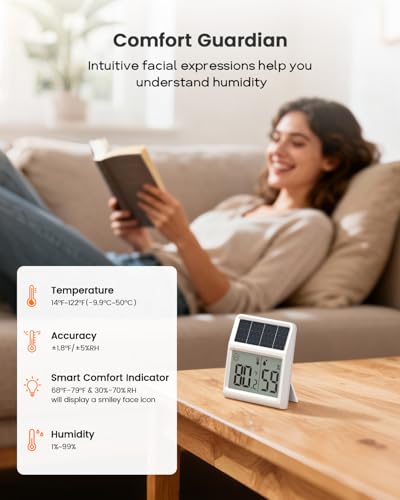 Digital Indoor Thermometer & Hygrometer, Light Powered (No Rechargeable Batteries Runs Only on Real-time Light Exposure) Solar Indoor Temperature and Humidity Monitor, Humidity Gauge - color: White