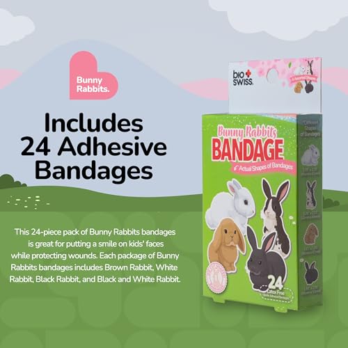 BioSwiss Bandages, Bunny Rabbits Shaped Self Adhesive Bandage Set, Latex Free, Sterile Wound Care, 24 Count - size: 24-Count Box, style: Bunny Rabbits