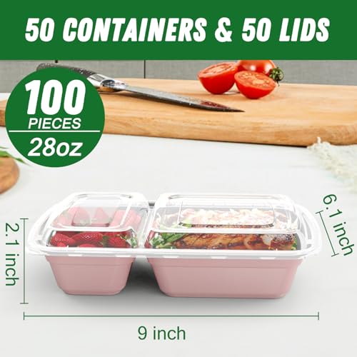 Dealusy 50 Pack 28 oz Meal Prep Containers with Lids 2-Compartment, Pink | Sturdy Leakproof & Food Safe, Microwave, Freezer, Dishwasher Safe Prep Containers, To Go Take Out Plastic Food Storage - color: Pink